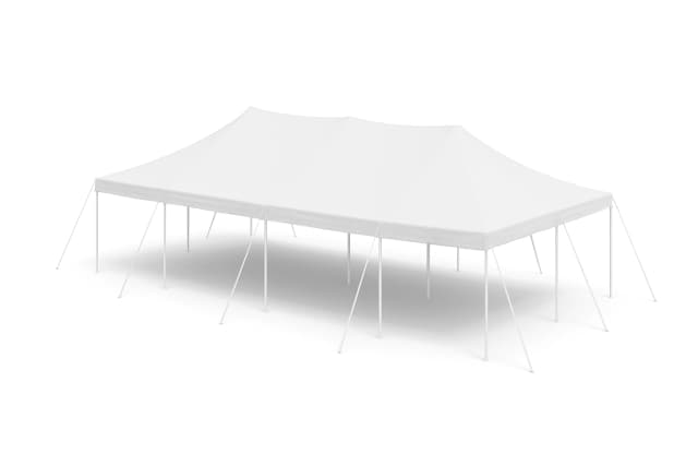 Front view of the 20x40 event tent with white vinyl canopy and steel frame on a clean background.