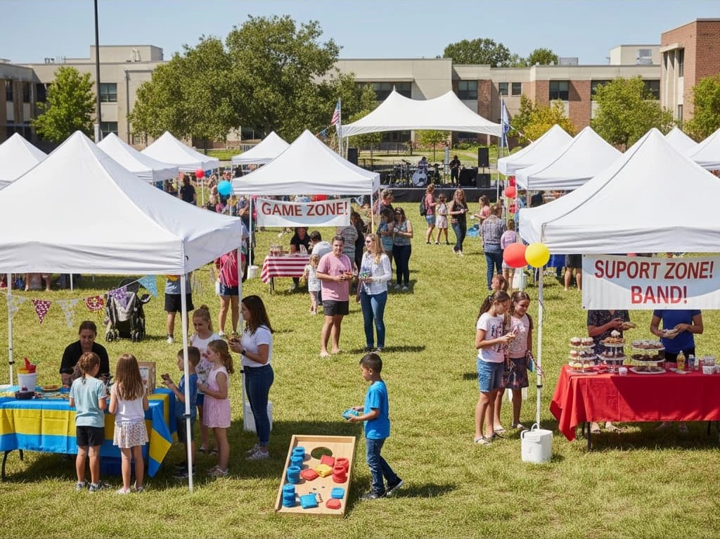 Multiple 10x10 Pop-Up Canopy Tents at a school fair with tables and people under bright daylight.