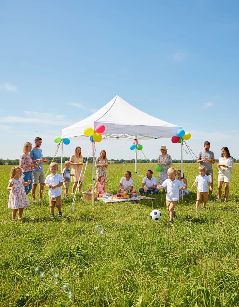 10x10 Pop-Up Canopy Tent at night with warm string lights illuminating canopy roof and surrounding area.