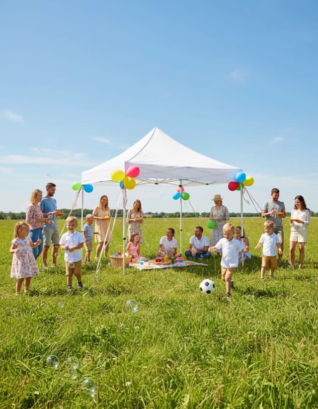 10x10 Pop-Up Canopy Tent at night with warm string lights illuminating canopy roof and surrounding area.