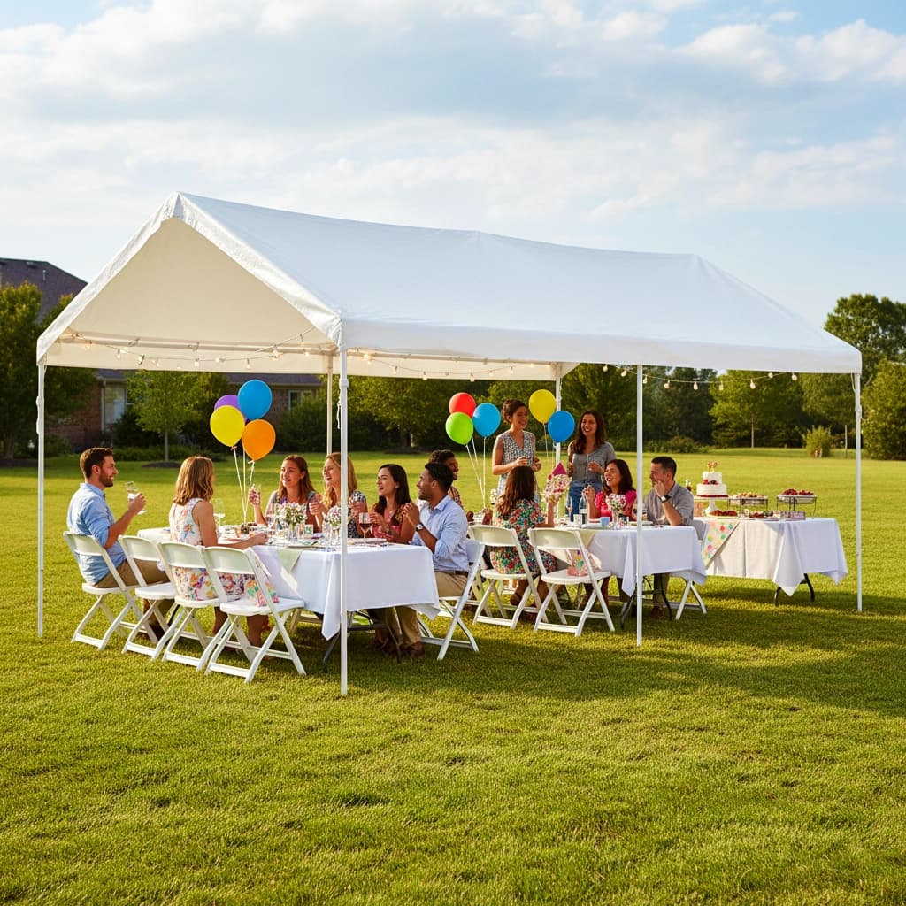 Outdoor front view of the 10x20 event tent set for a daytime party with tables and balloons.