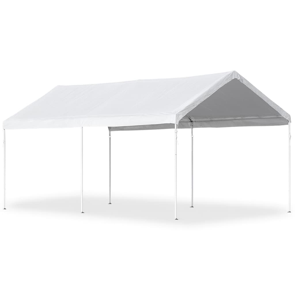 Front view of the 10x20 frame-style event tent with white vinyl canopy and steel legs.