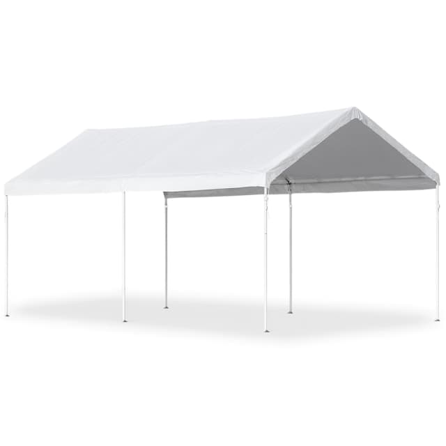 Front view of the 10x20 frame-style event tent with white vinyl canopy and steel legs.