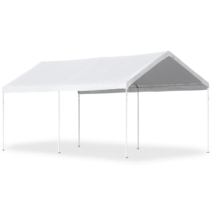 Front view of the 10x20 frame-style event tent with white vinyl canopy and steel legs.