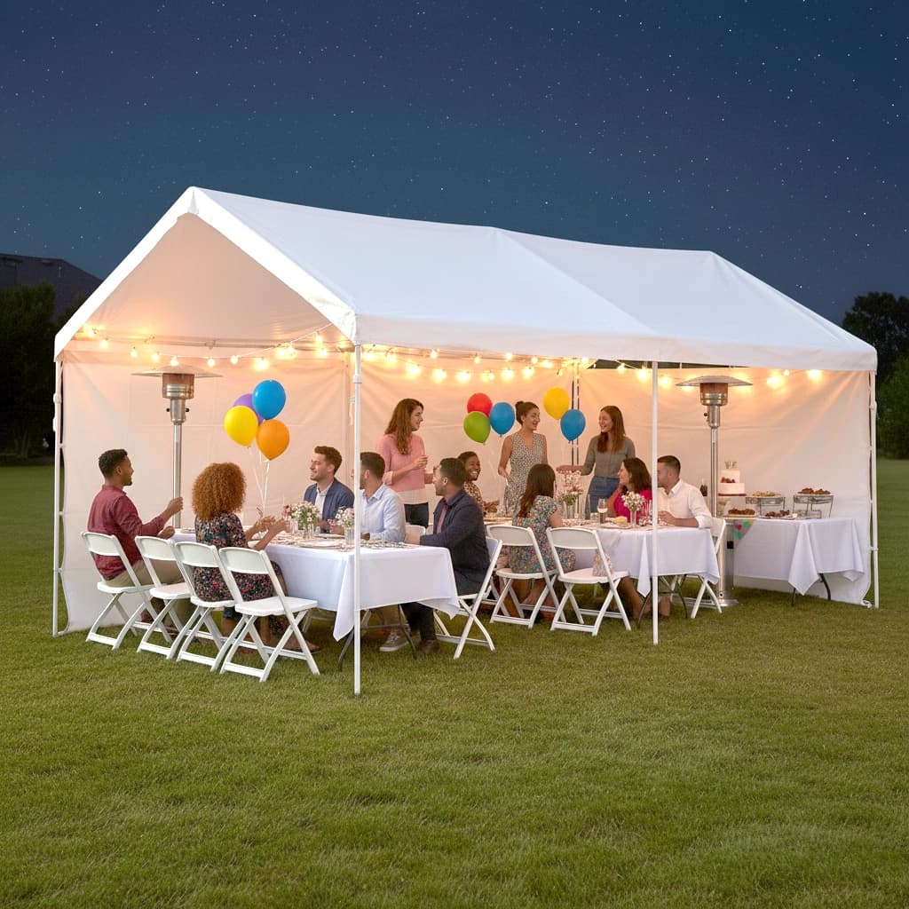 Farmstand setup using the 10x20 event tent to cover produce tables at an outdoor pumpkin market.