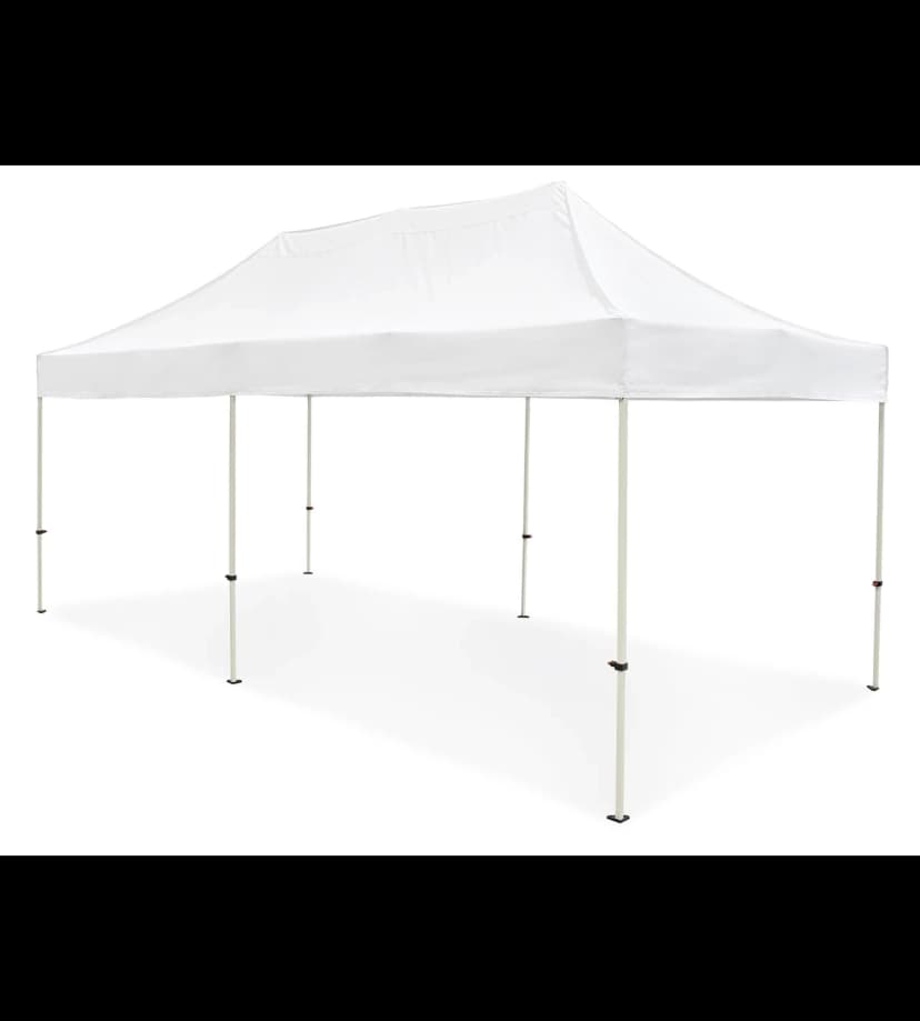 Front view of the 10x20 pop-up canopy tent with white top and eight legs on clean background.