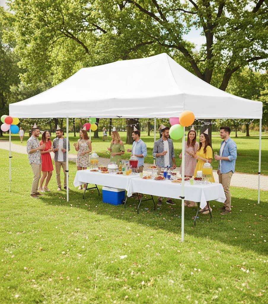 Interior view of the 10x20 pop-up canopy tent showing standing room and tables at a garden party.