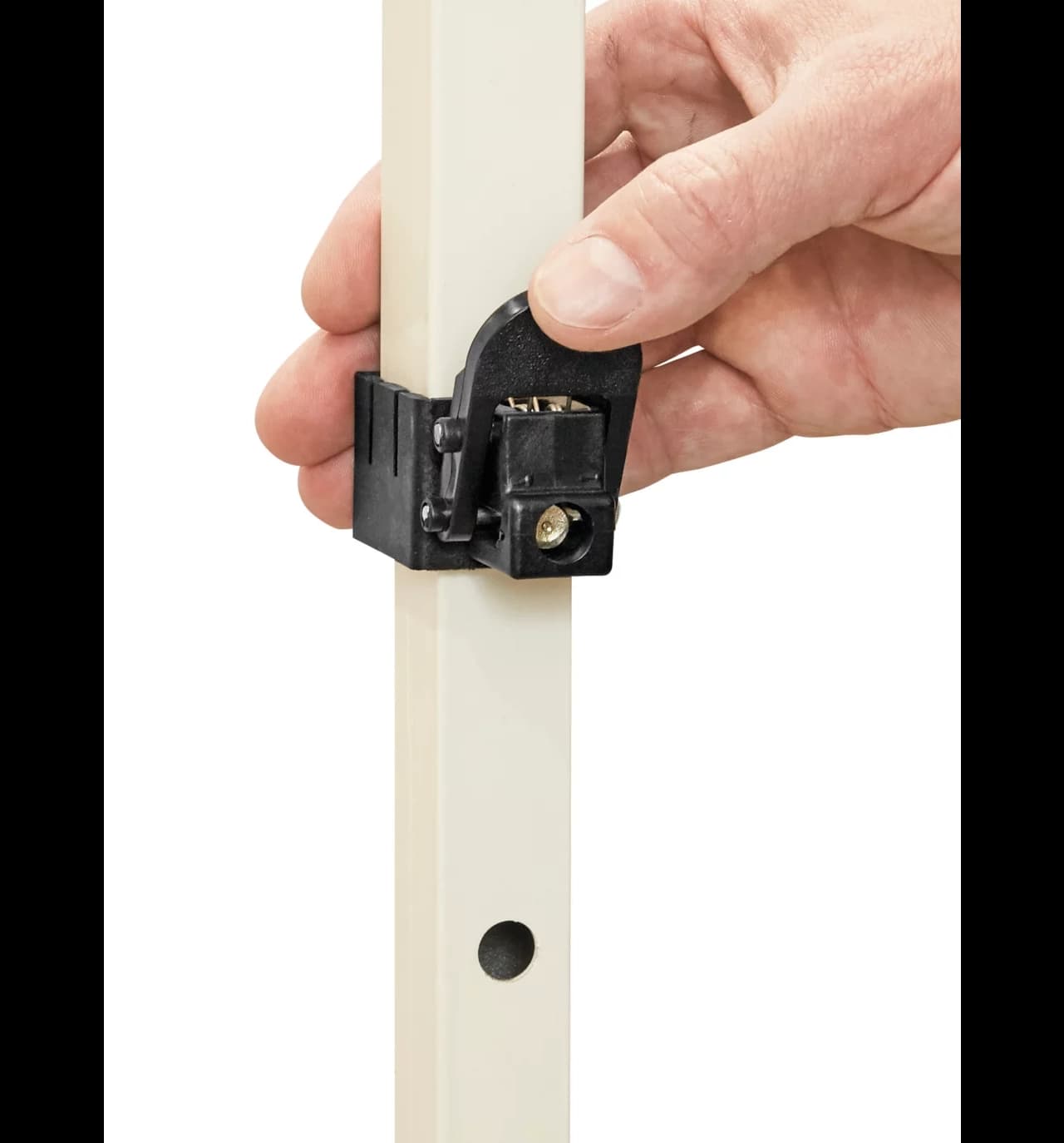 Close-up of the adjustable leg lock on the 10x20 pop-up canopy tent for height settings.