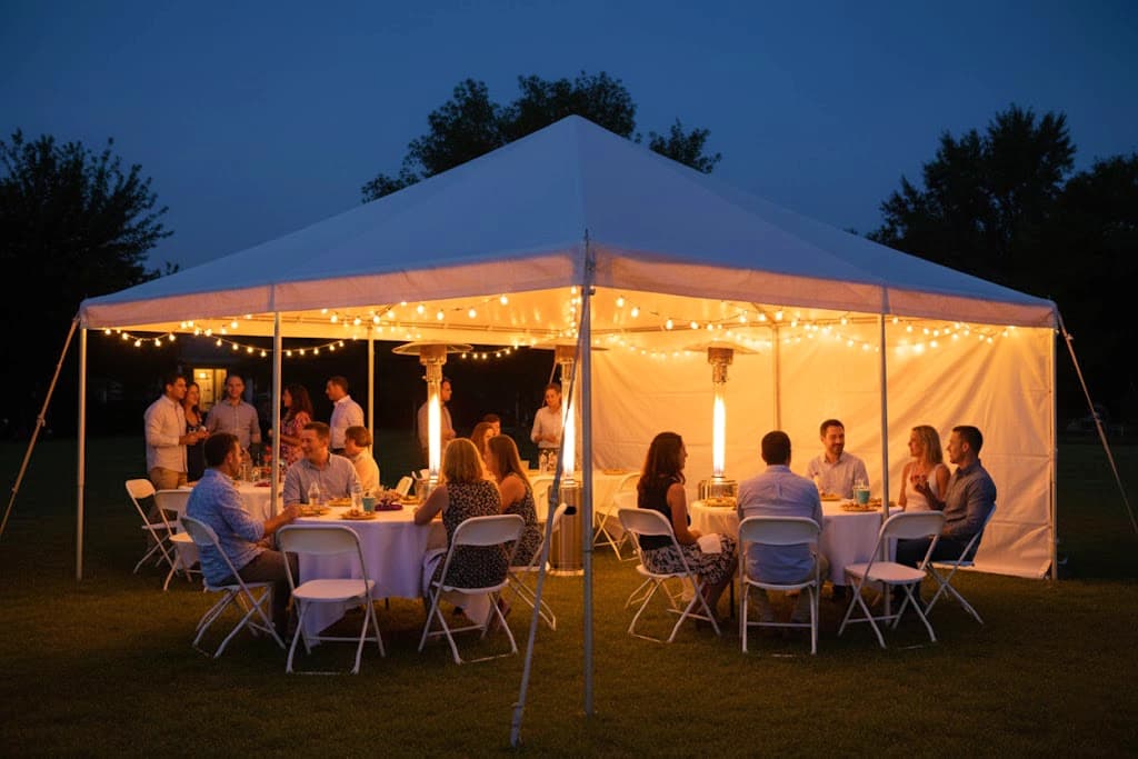20x20 event tent shown with patio heaters and sidewalls, creating comfortable warmth for cool evening gatherings.