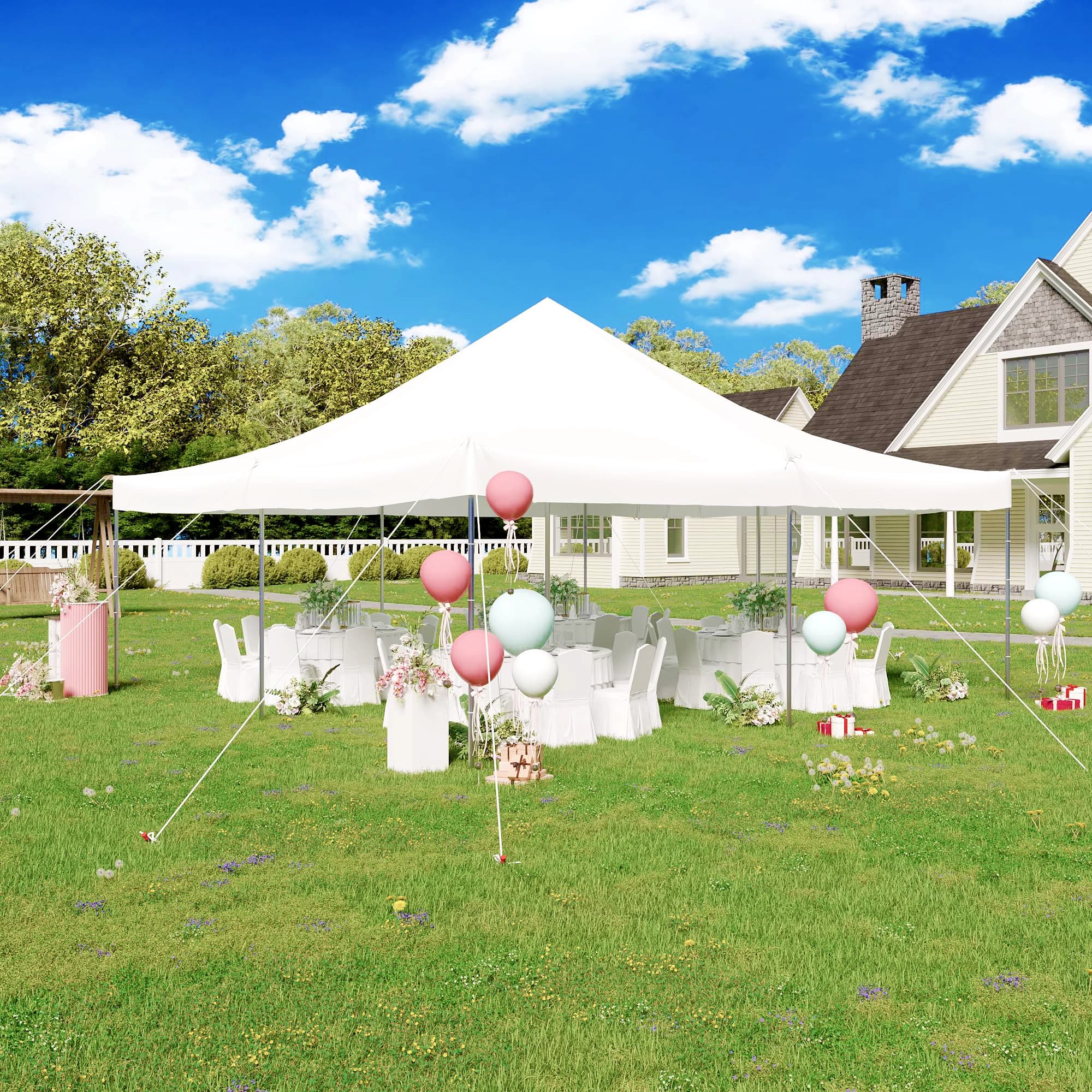 Backyard view of the 20x20 event tent arranged for a home celebration with balloons and decor.