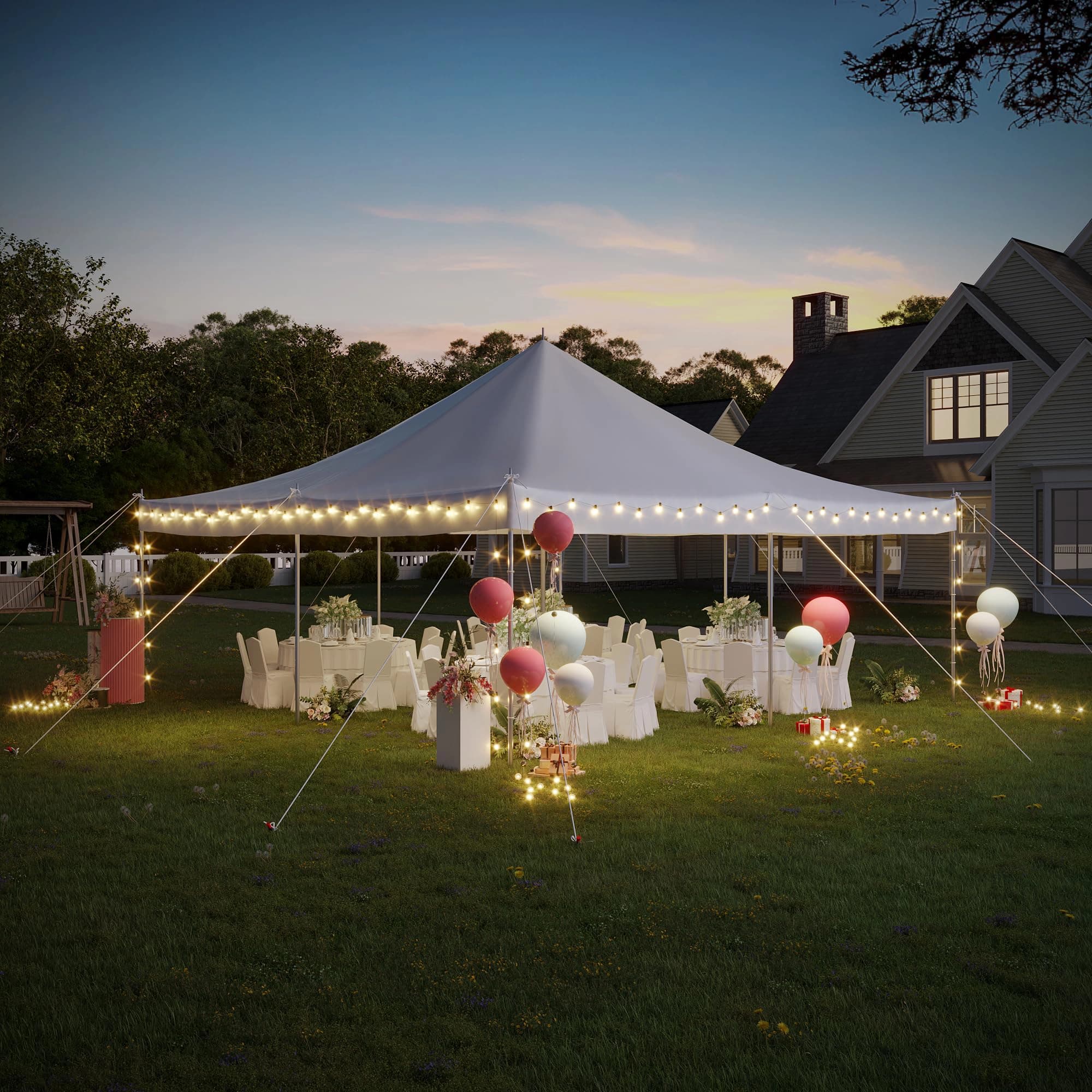 Evening setup of the 20x20 event tent with warm string lights and guests dining under the canopy.