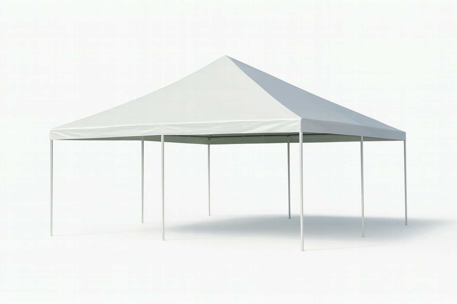Front view of the 20x20 frame-style event tent with clean white canopy and subtle catalog shadow.