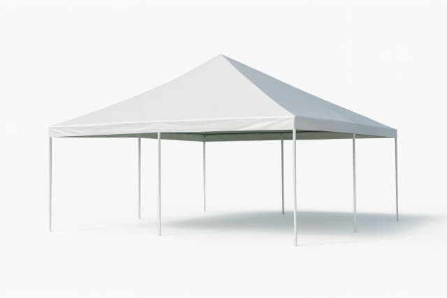 Front view of the 20x20 frame-style event tent with clean white canopy and subtle catalog shadow.