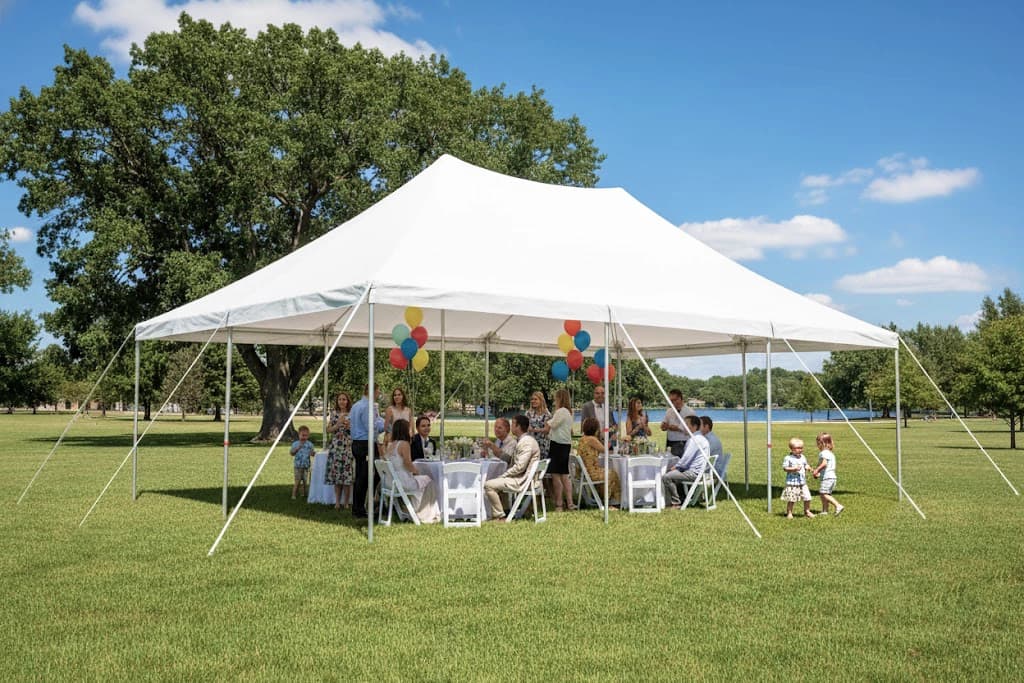 Angled side view of the 20x30 frame-style event tent highlighting peaked roofline and sturdy frame.