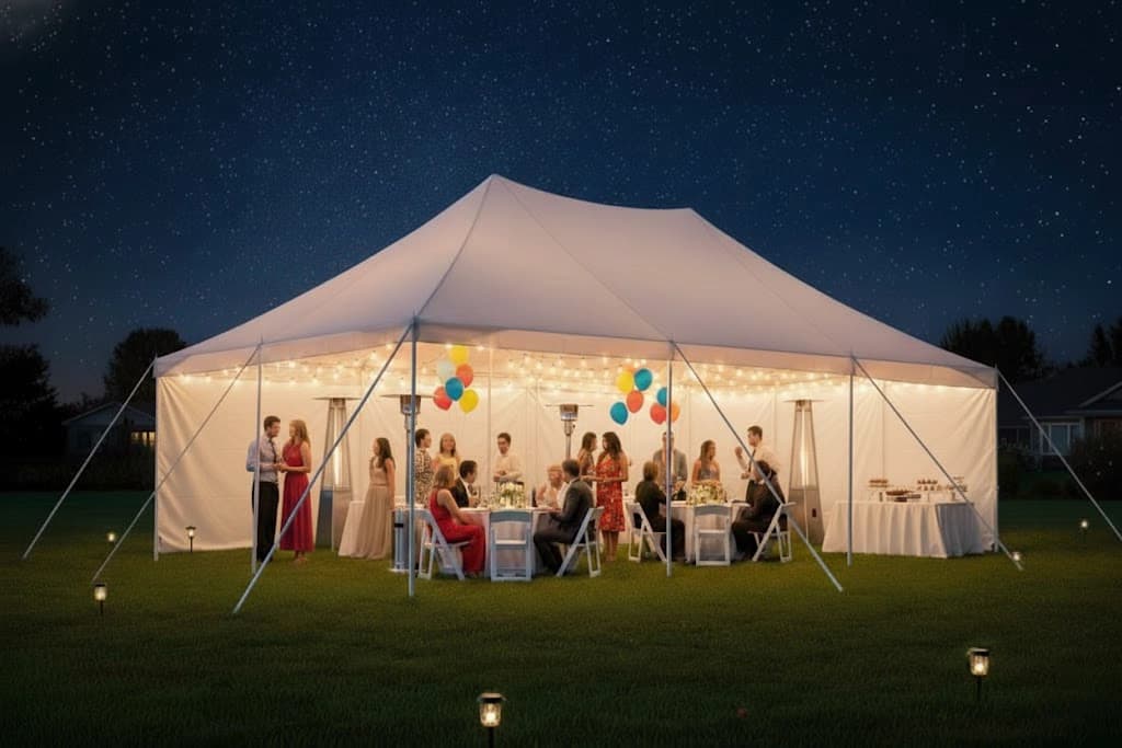 Evening setup of the 20x30 frame-style event tent with sidewalls, patio heater, and warm string lights.