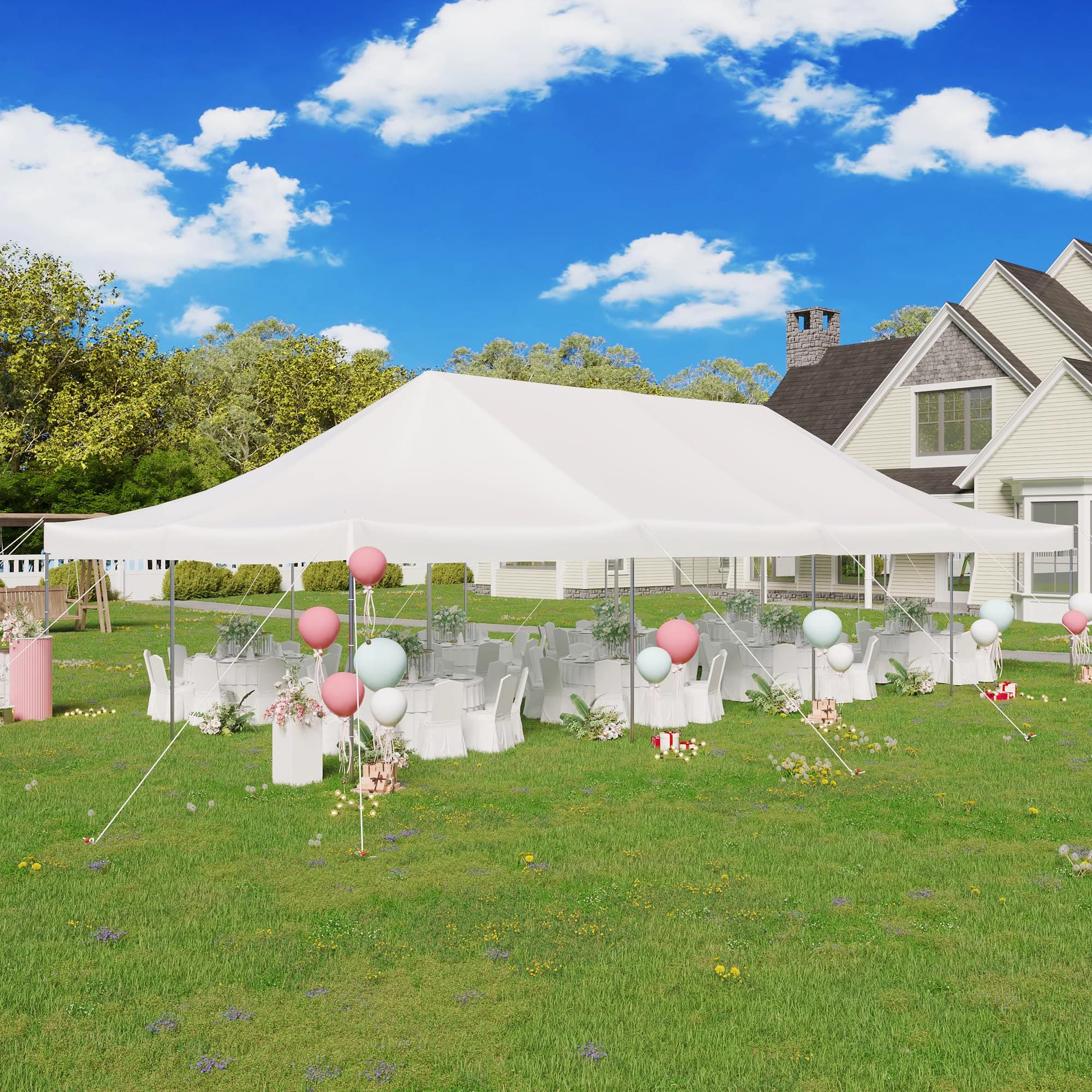 Backyard view of the 20x40 event tent used for a celebration with white tables and shaded canopy cover.
