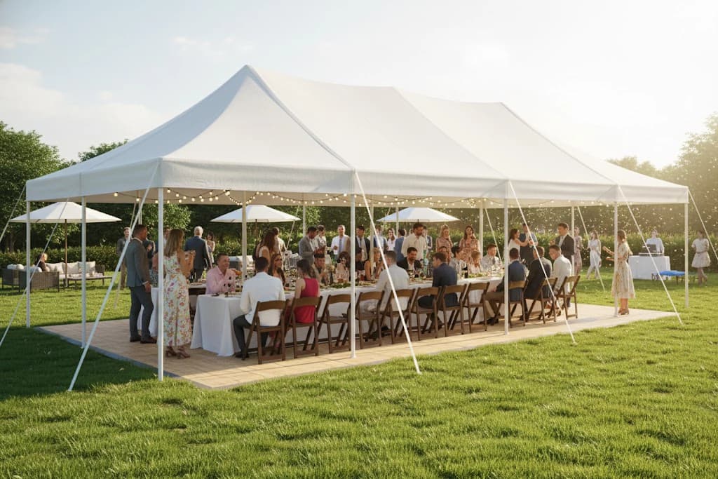 Daytime event under the 20x40 event tent with tables, chairs, and decorations arranged across the lawn.