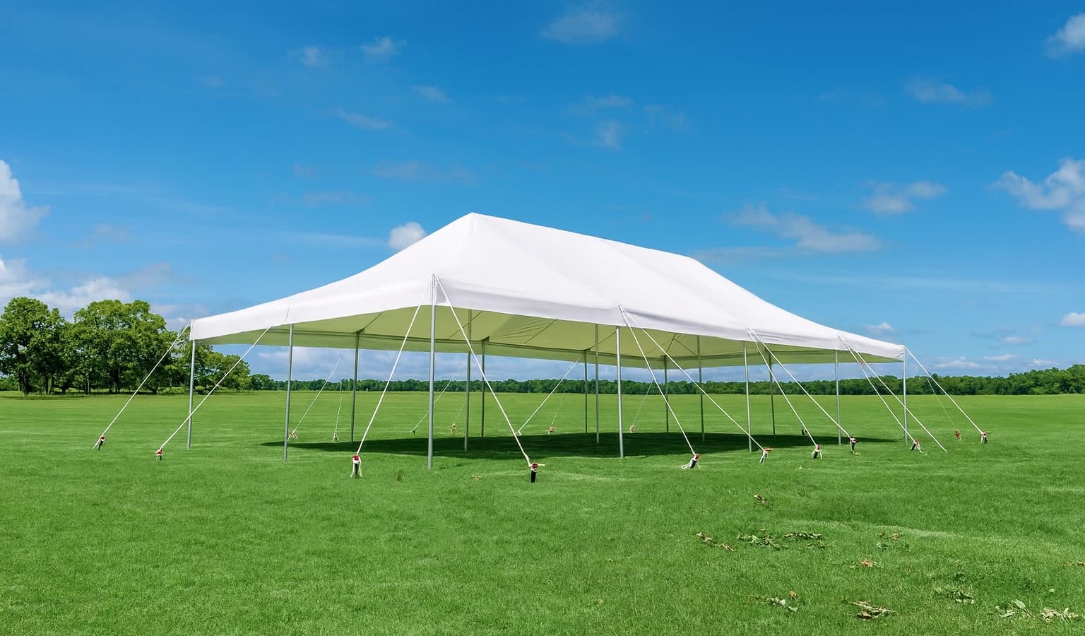 Outdoor front view of the 20x40 event tent set up on grass showing guy ropes and anchored stability system.