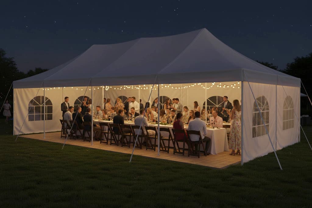 Evening celebration inside the 20x40 event tent with enclosed walls, warm lights, and seated dinner guests.