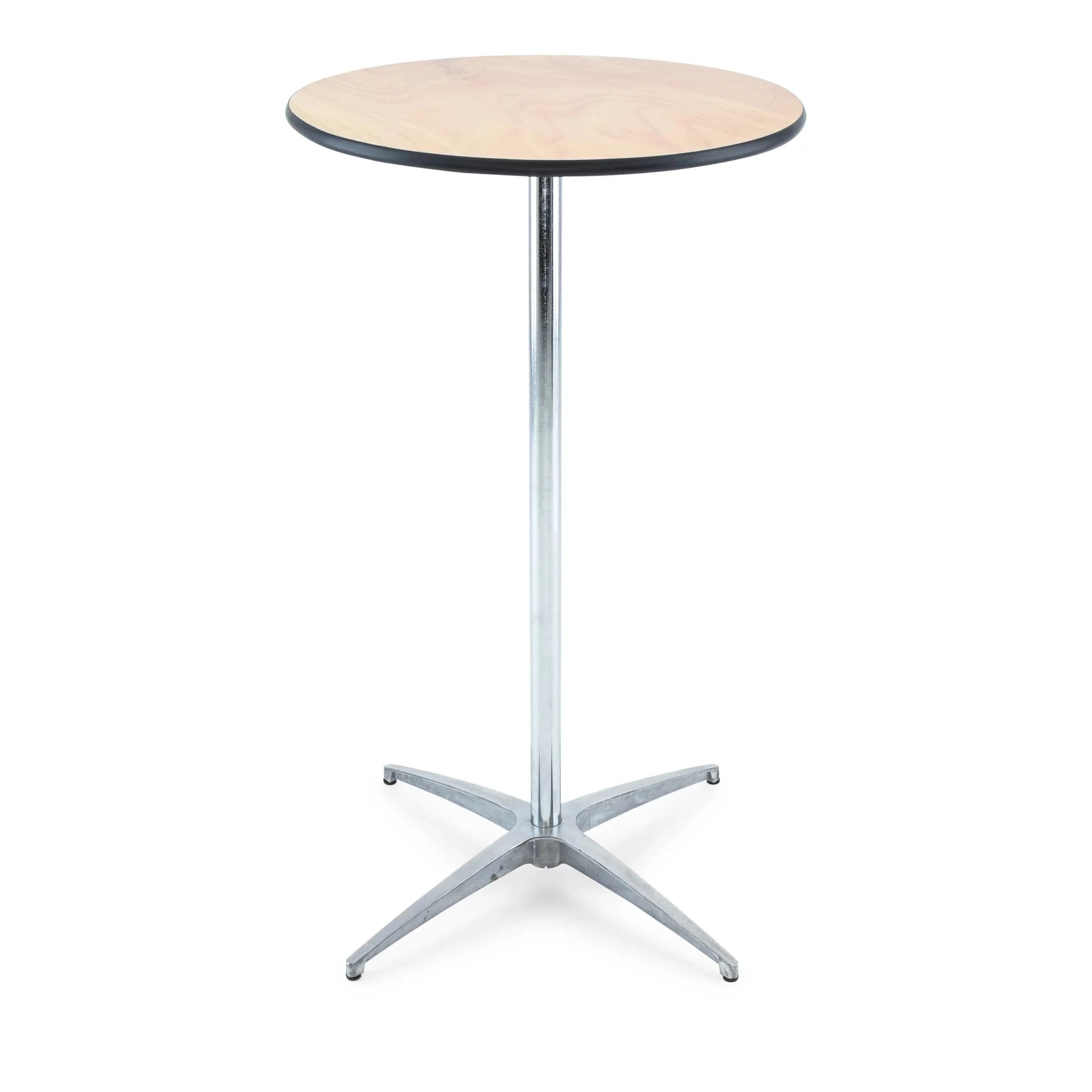 Front view of the 24-inch natural wood adjustable cocktail table showing full standing height configuration.