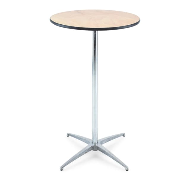 Front view of the 24-inch natural wood adjustable cocktail table showing full standing height configuration.