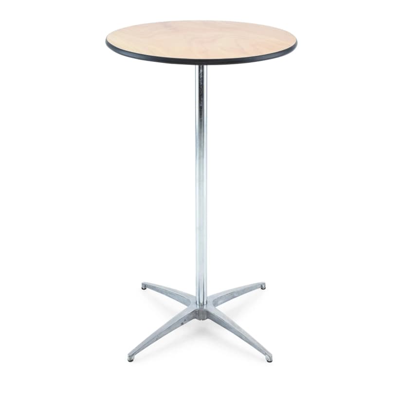 Front view of the 24-inch natural wood adjustable cocktail table showing full standing height configuration.