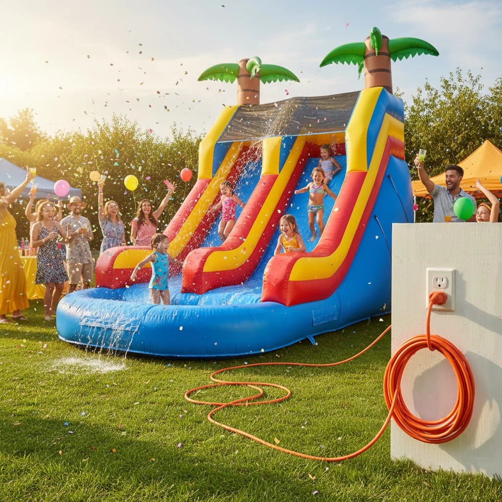 Orange extension cord connected to outlet while powering inflatables at a bright daytime celebration.