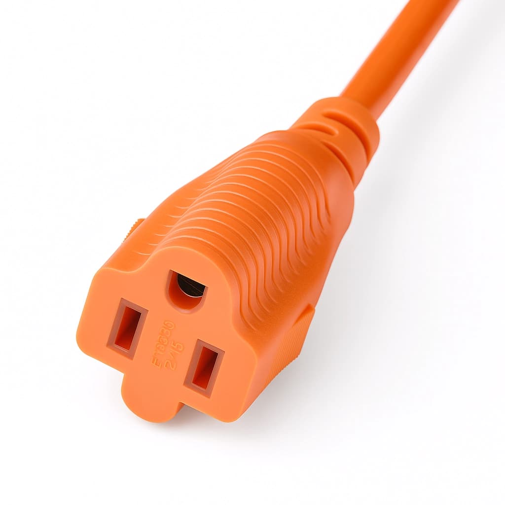Close-up of the female connector on the 25-foot orange 3-prong light-duty extension cord.