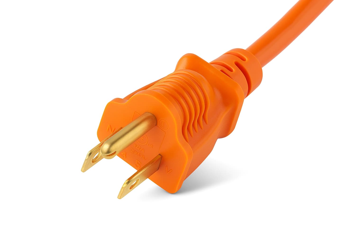 Detailed view of the grounded male 3-prong plug on the 25-foot orange extension cord.