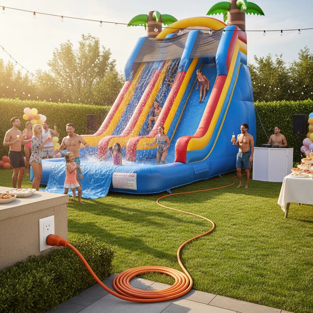 Extension cord powering a large inflatable water slide during a sunny outdoor party with guests nearby.