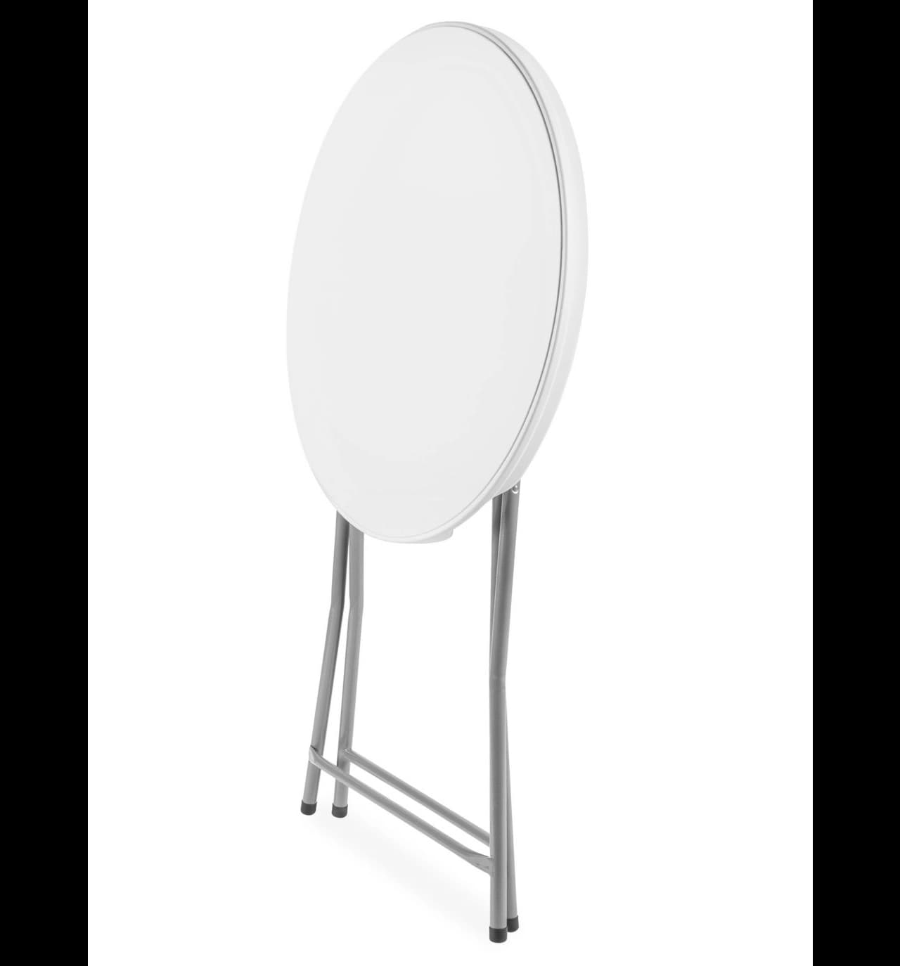 Folded view of the 30-inch white plastic cocktail table showing both standing feet and top collapsed for storage.