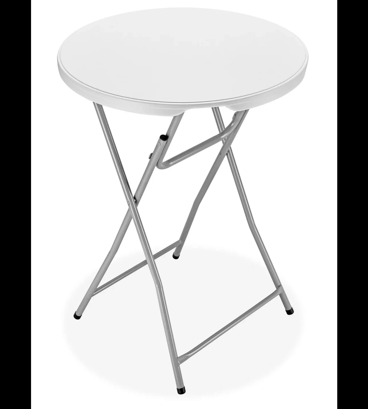 Front view of the 30-inch white plastic round cocktail table showing all feet and tabletop clearly visible.