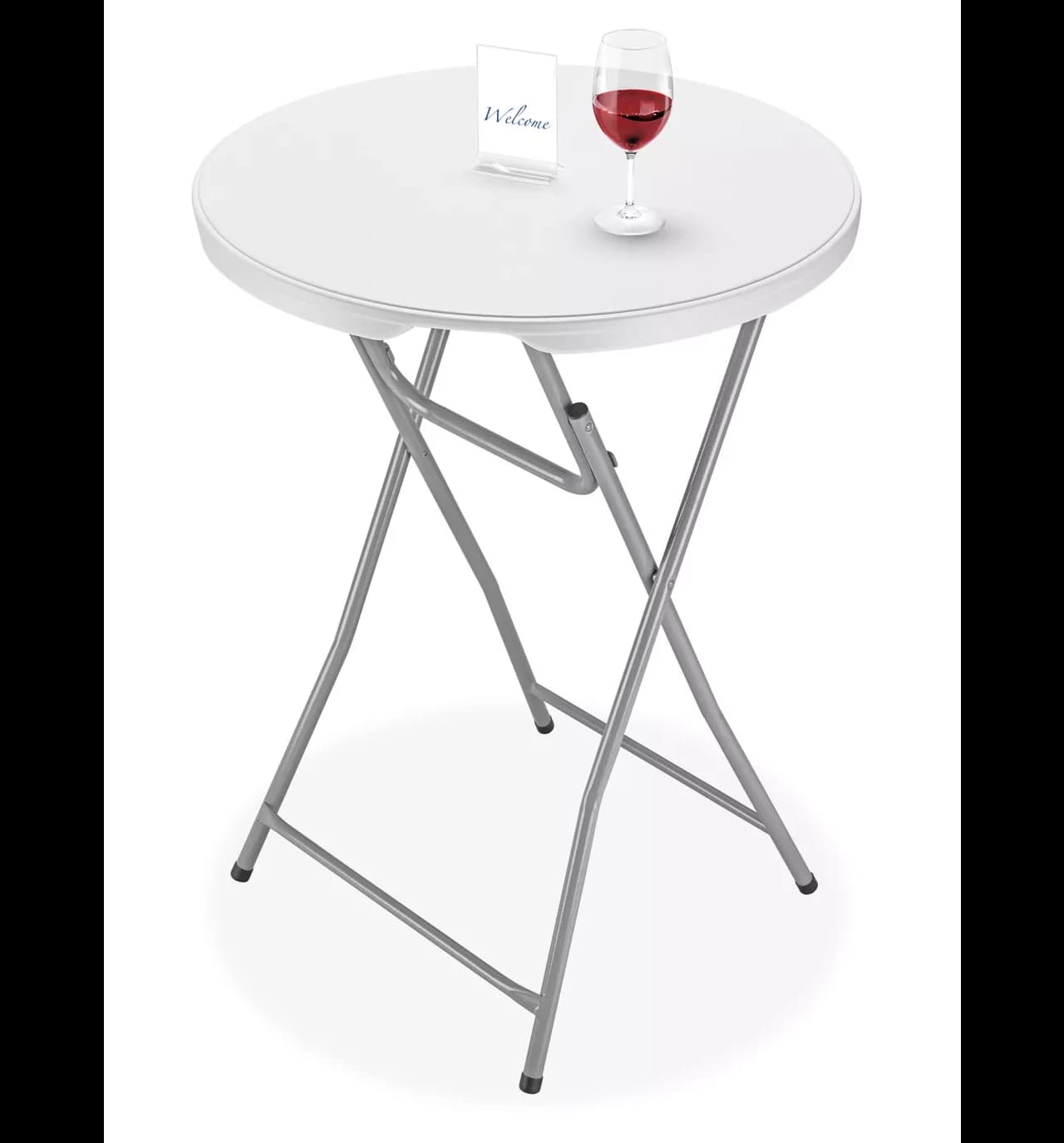 Alternative angle of the 30-inch white plastic cocktail table with a drink placed on top showing functional use.