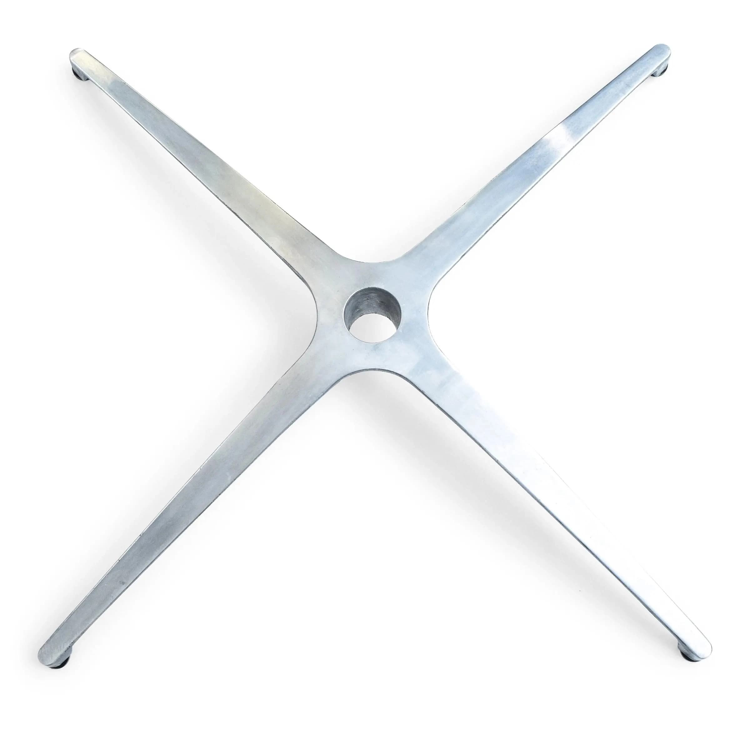 Top view of the steel cross-base for the 30-inch cocktail table showing feet arrangement and rod connection hole.