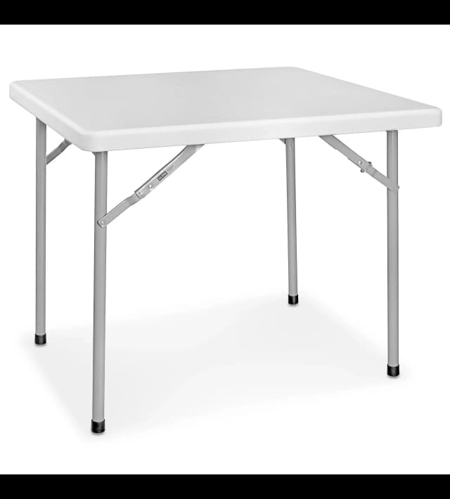 Front view of the 34-inch square white plastic folding table showing top and four feet clearly visible.