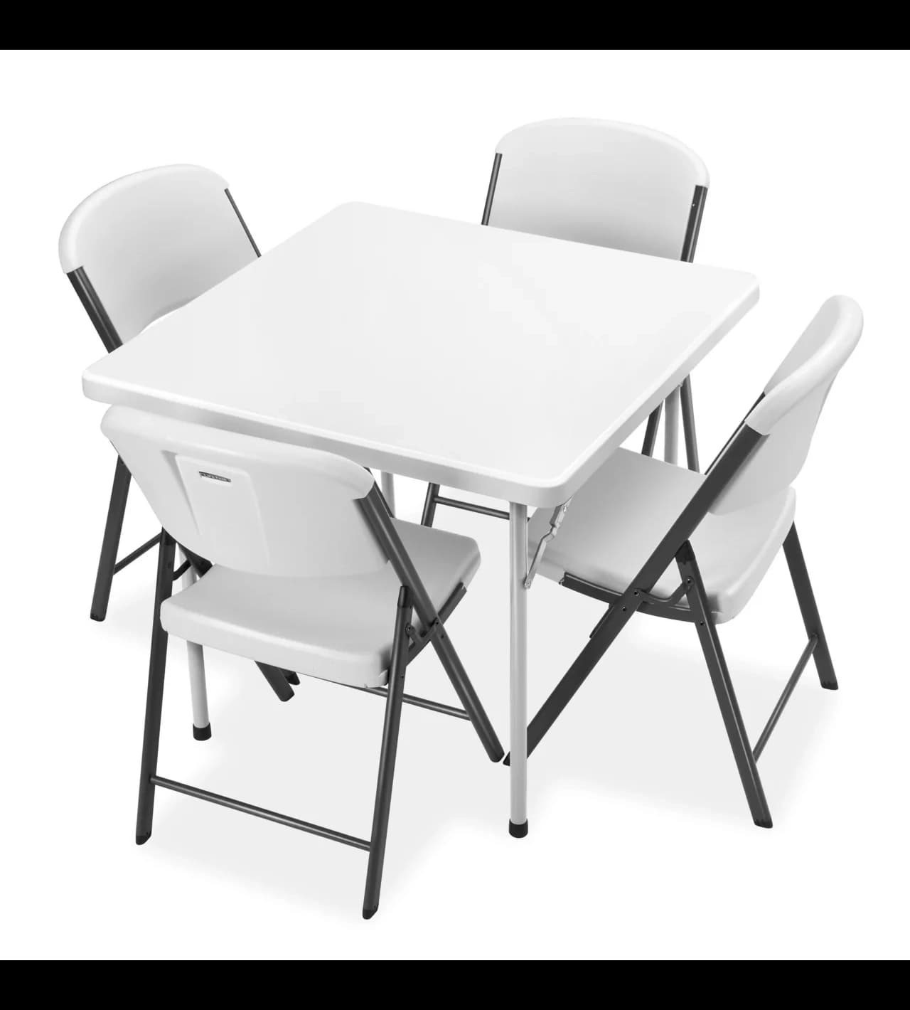 Setup view of the 34-inch square white plastic folding table with four chairs arranged around it.