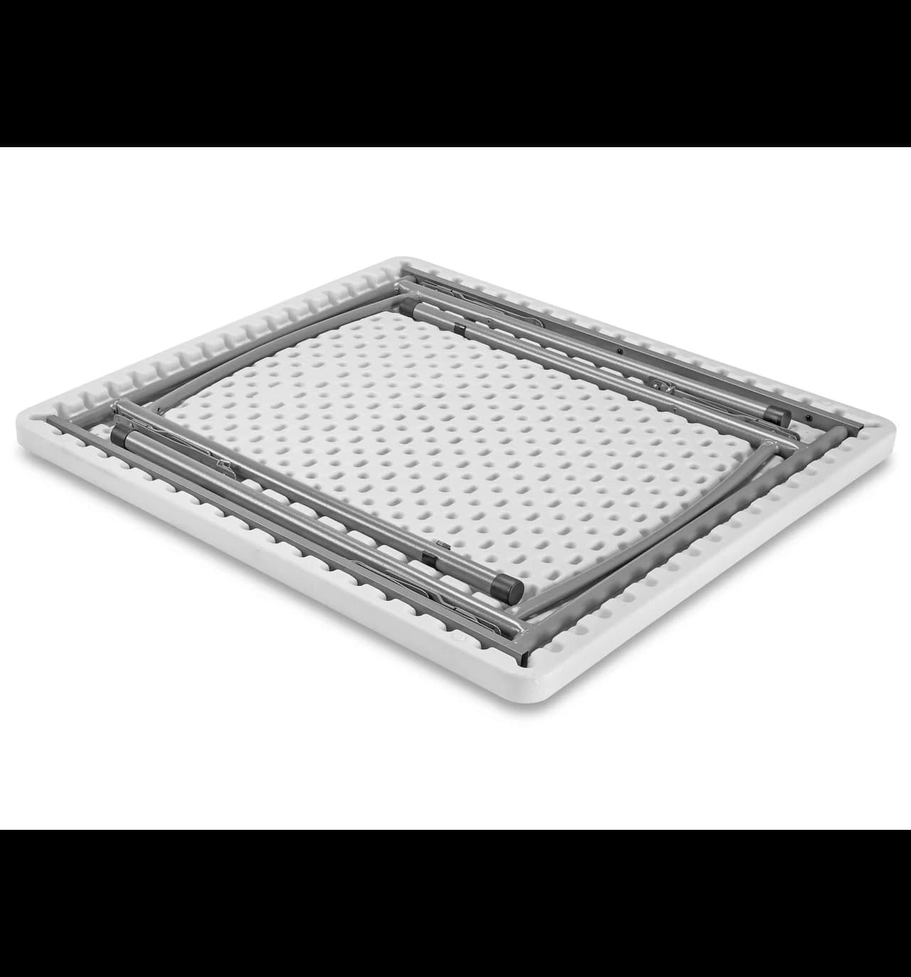 Underside view of the 34-inch square white plastic folding table showing folded legs and steel frame.