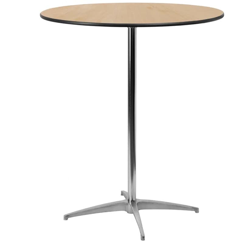 Front view of the 36-inch natural wood adjustable cocktail table showing full standing height configuration.
