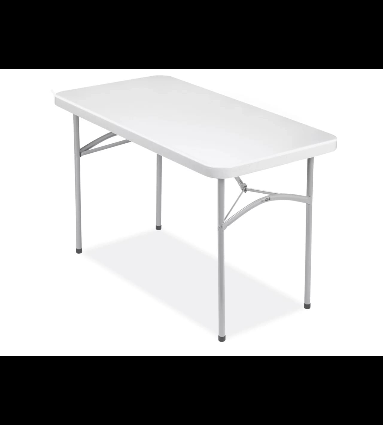 Front view of the 4-Foot White Plastic Rectangular Folding Table showing clean white surface and steel legs on background.