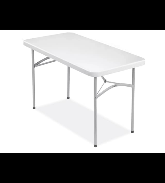 Front view of the 4-Foot White Plastic Rectangular Folding Table showing clean white surface and steel legs on background.