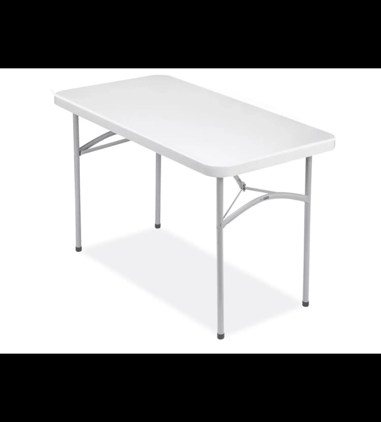 Front view of the 4-Foot White Plastic Rectangular Folding Table showing clean white surface and steel legs on background.