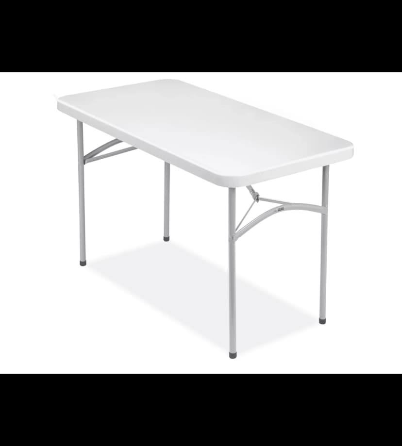 Front view of the 4-Foot White Plastic Rectangular Folding Table showing clean white surface and steel legs on background.