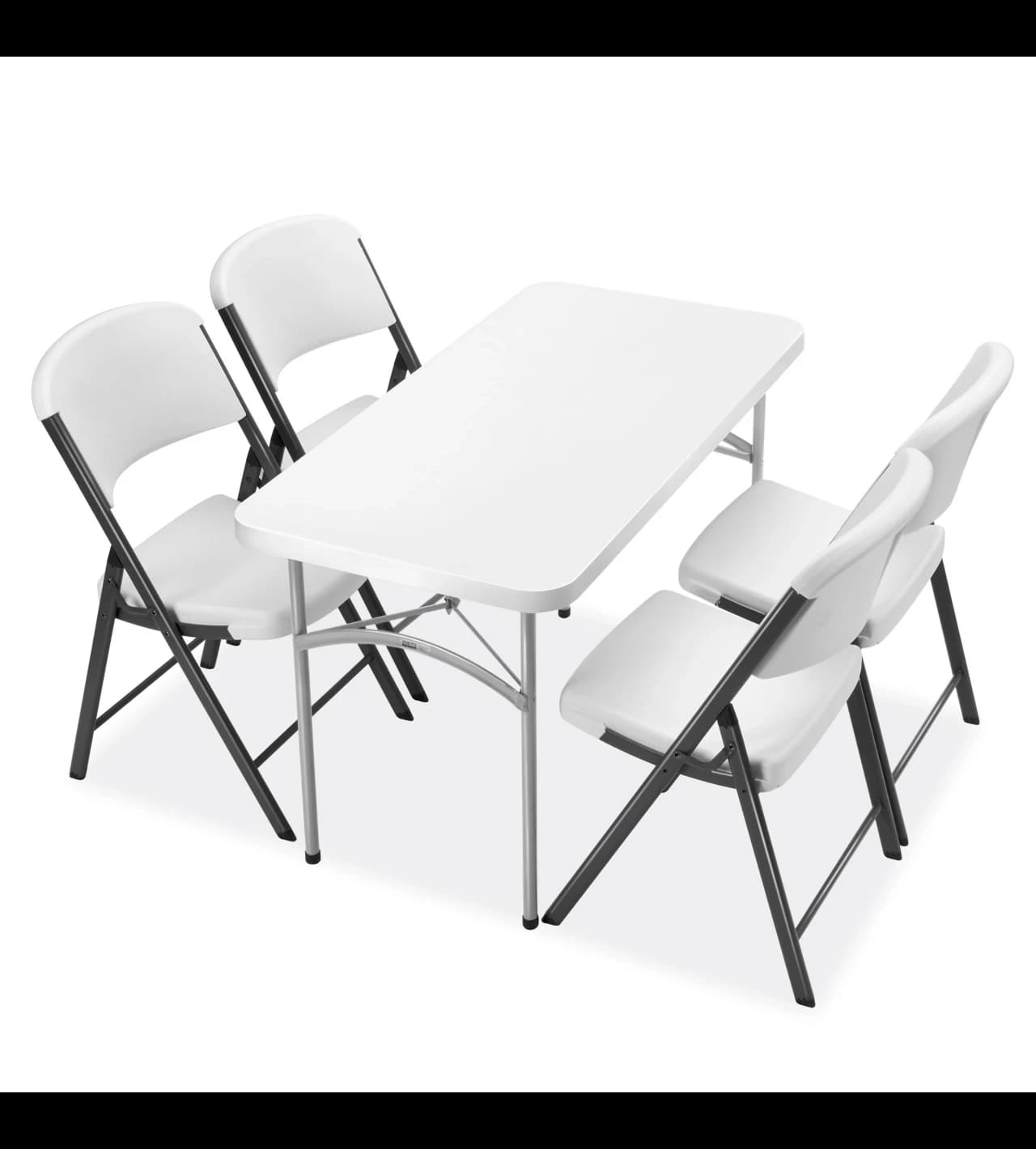 Setup view of the 4-Foot White Plastic Rectangular Folding Table with four chairs arranged around it in an event configuration.