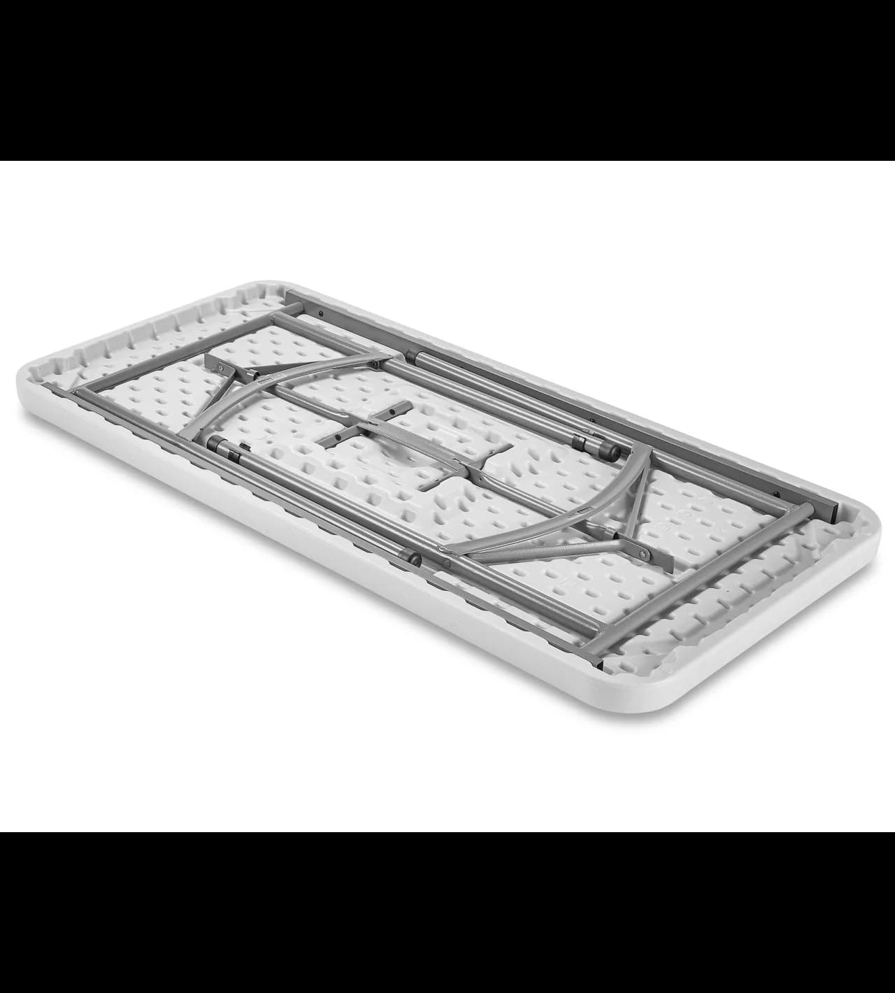 Close-up of the folding leg mechanism on the 4-Foot White Plastic Rectangular Folding Table showing safety-lock braces and compact storage design.