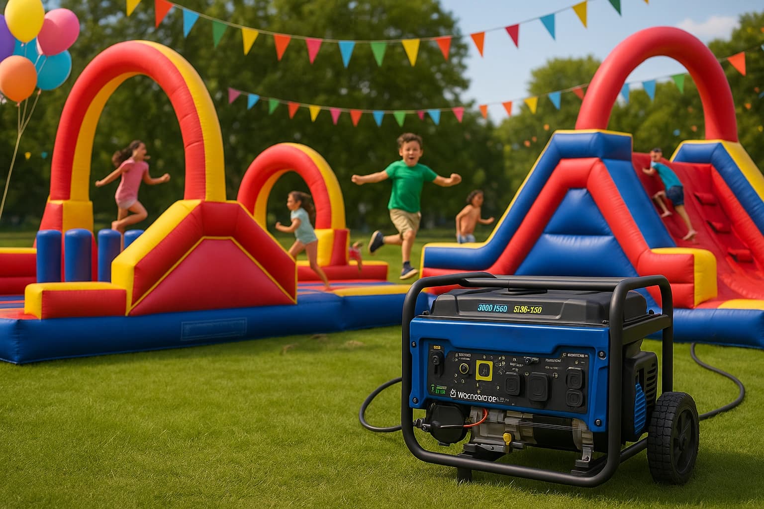 4000W dual-fuel generator powering an inflatable obstacle course at a park event with children playing.