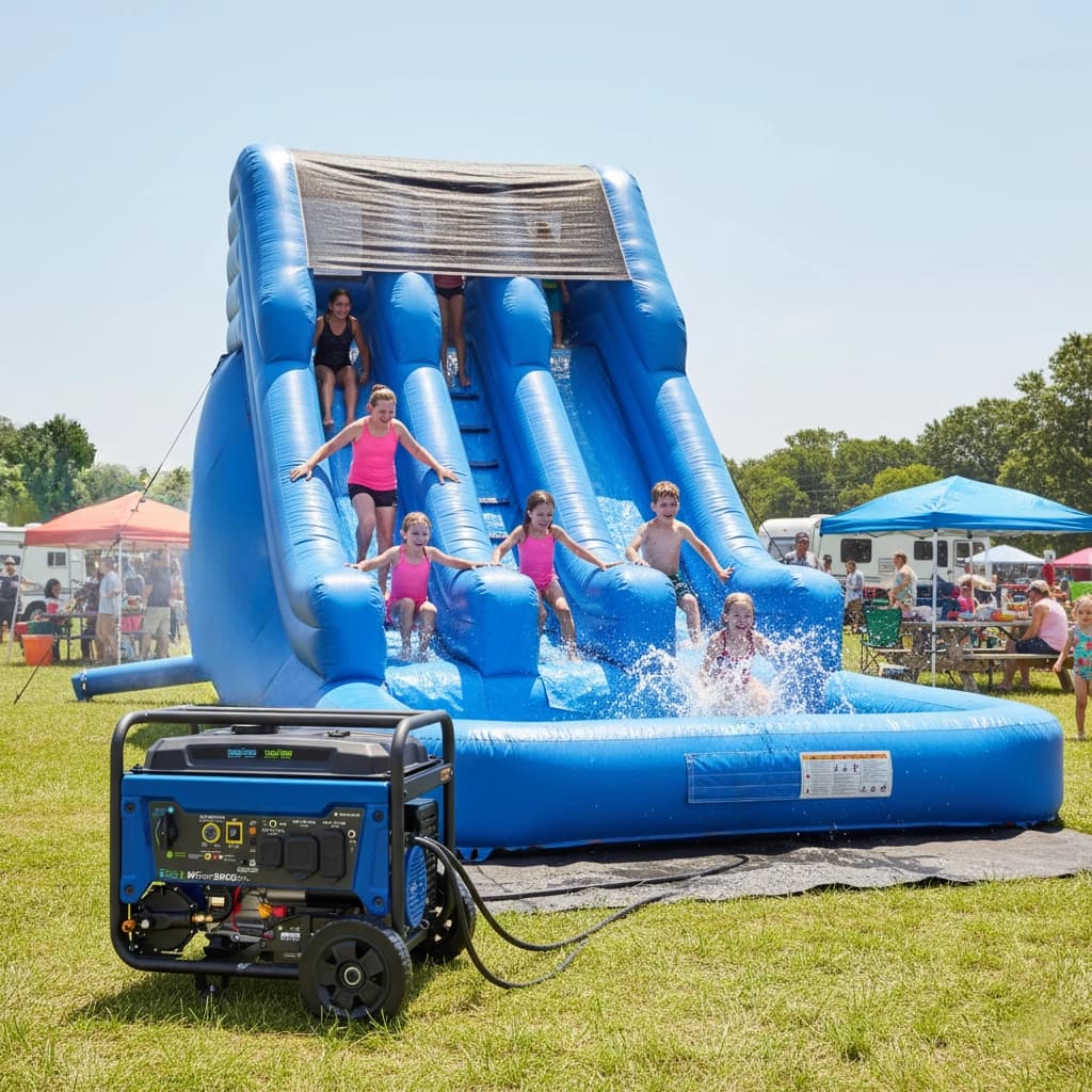 4000W dual-fuel generator powering a large water slide at a family party with guests nearby.