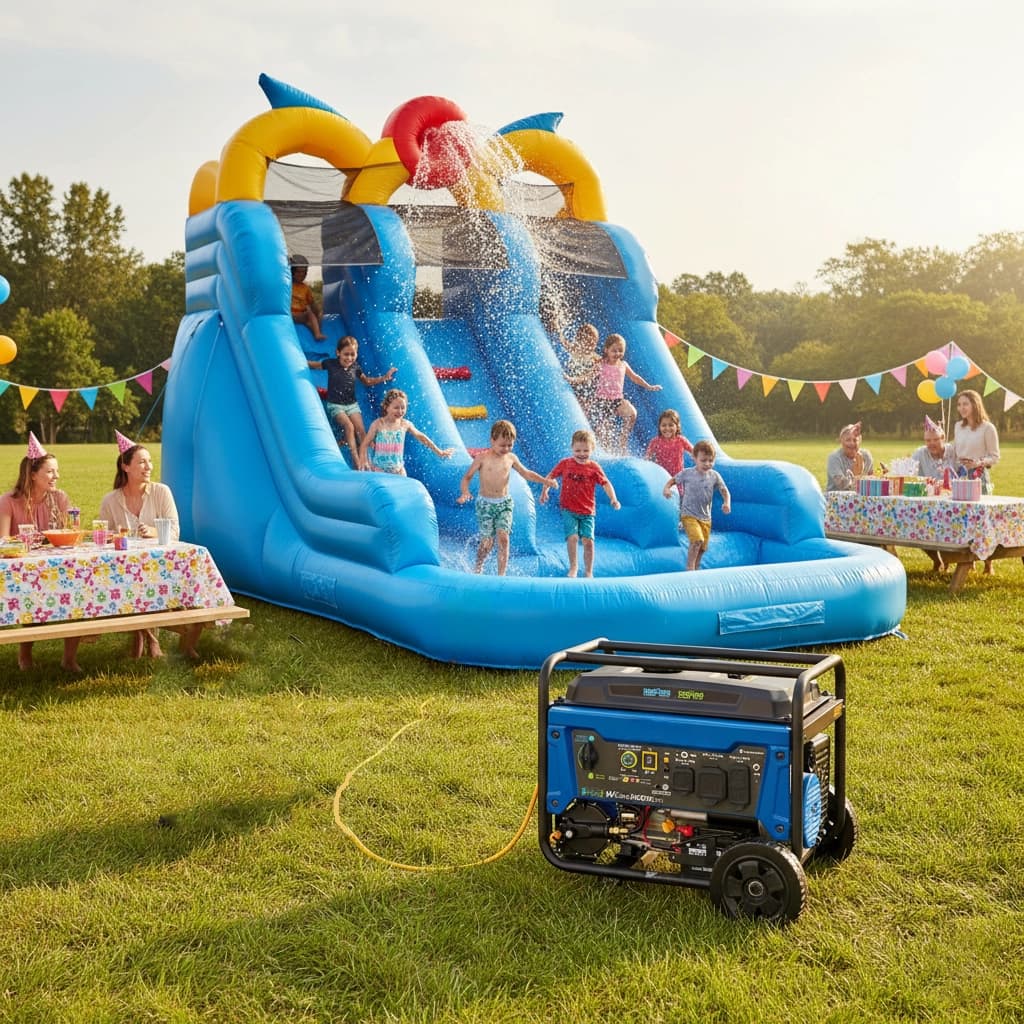 4000W dual-fuel generator supplying power to a blue double water slide at an outdoor party.