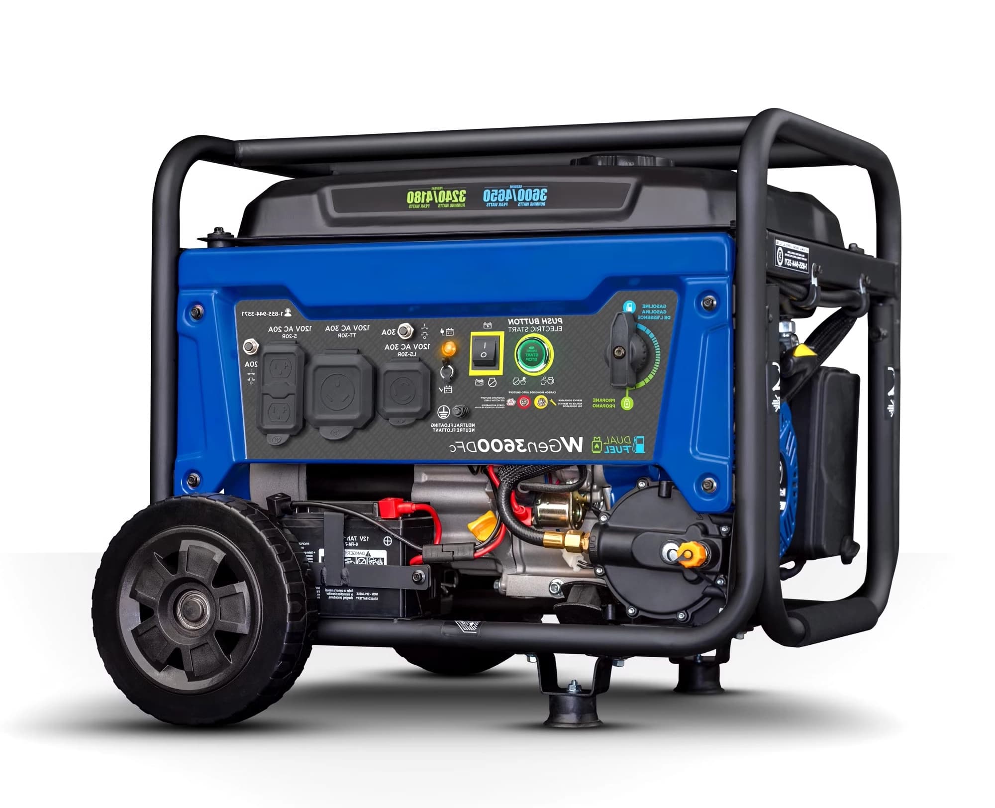 Front view of the 4000W dual-fuel portable generator with wheel kit and protective frame on white.