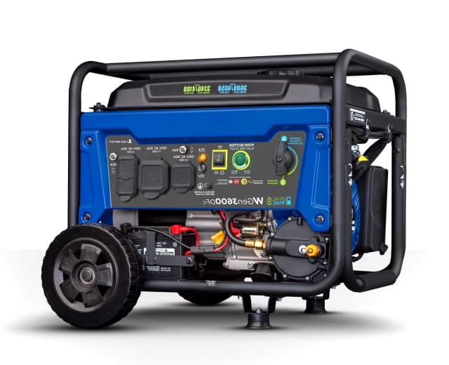 Front view of the 4000W dual-fuel portable generator with wheel kit and protective frame on white.