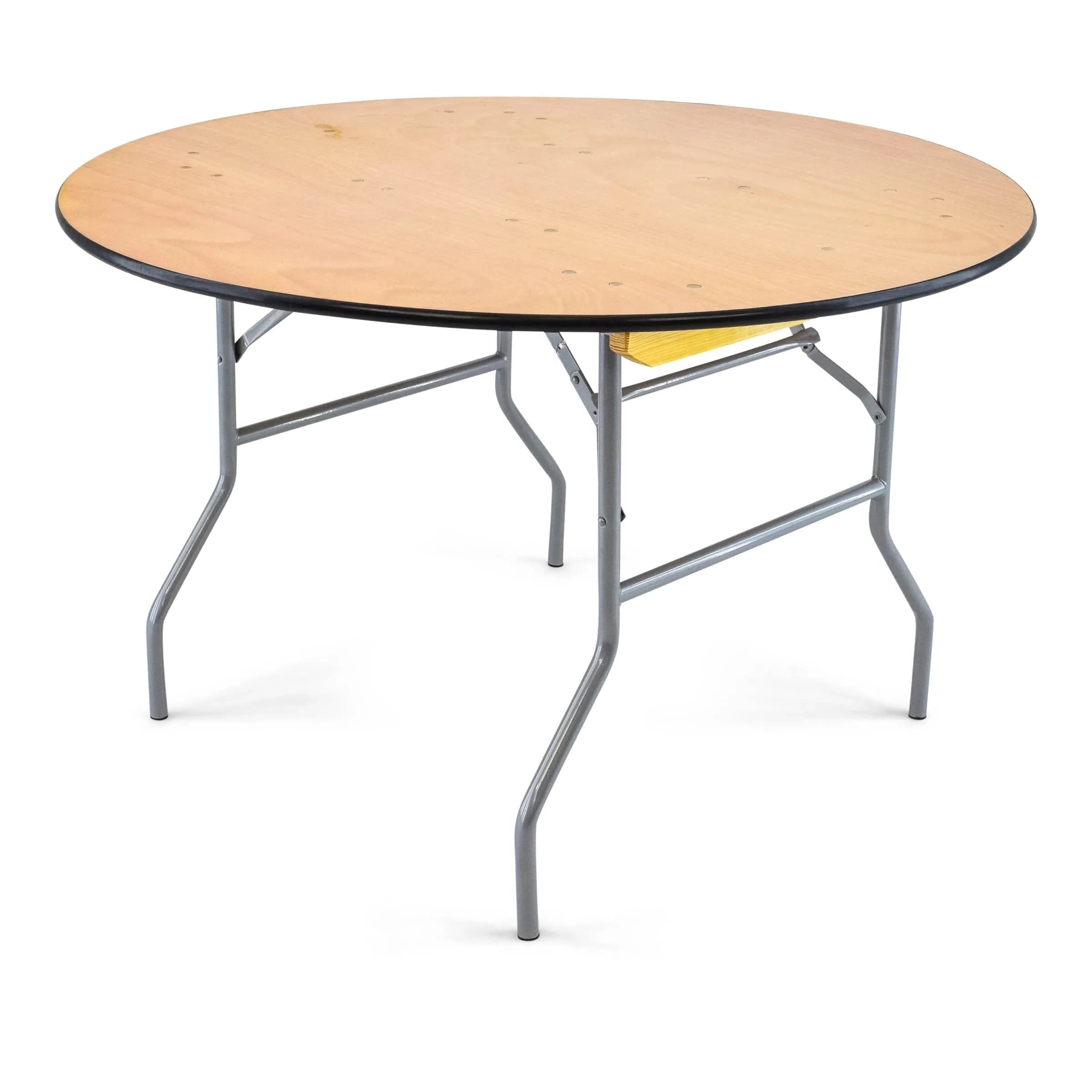 Front hero view of the 48-inch wood round folding table showing tabletop with vinyl edge and four legs clearly visible.